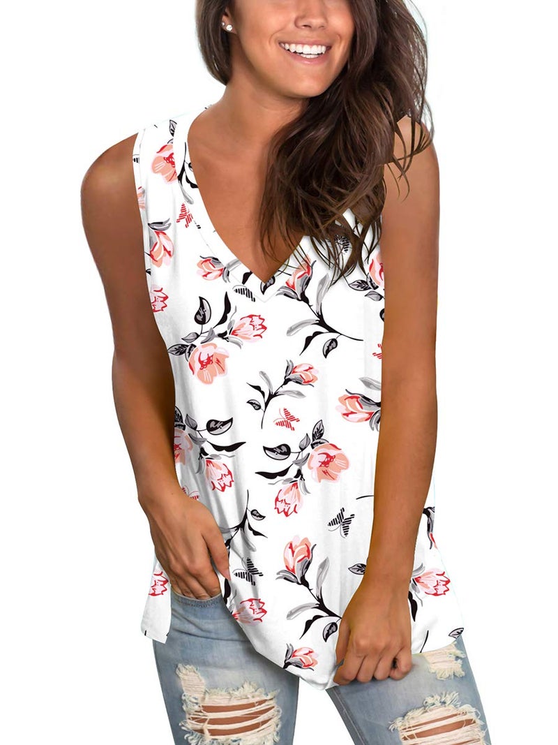SAMPEEL White Tank Top Women V Neck Sleeveless Shirts for Women Rose Casual Summer Tees M - Image 2